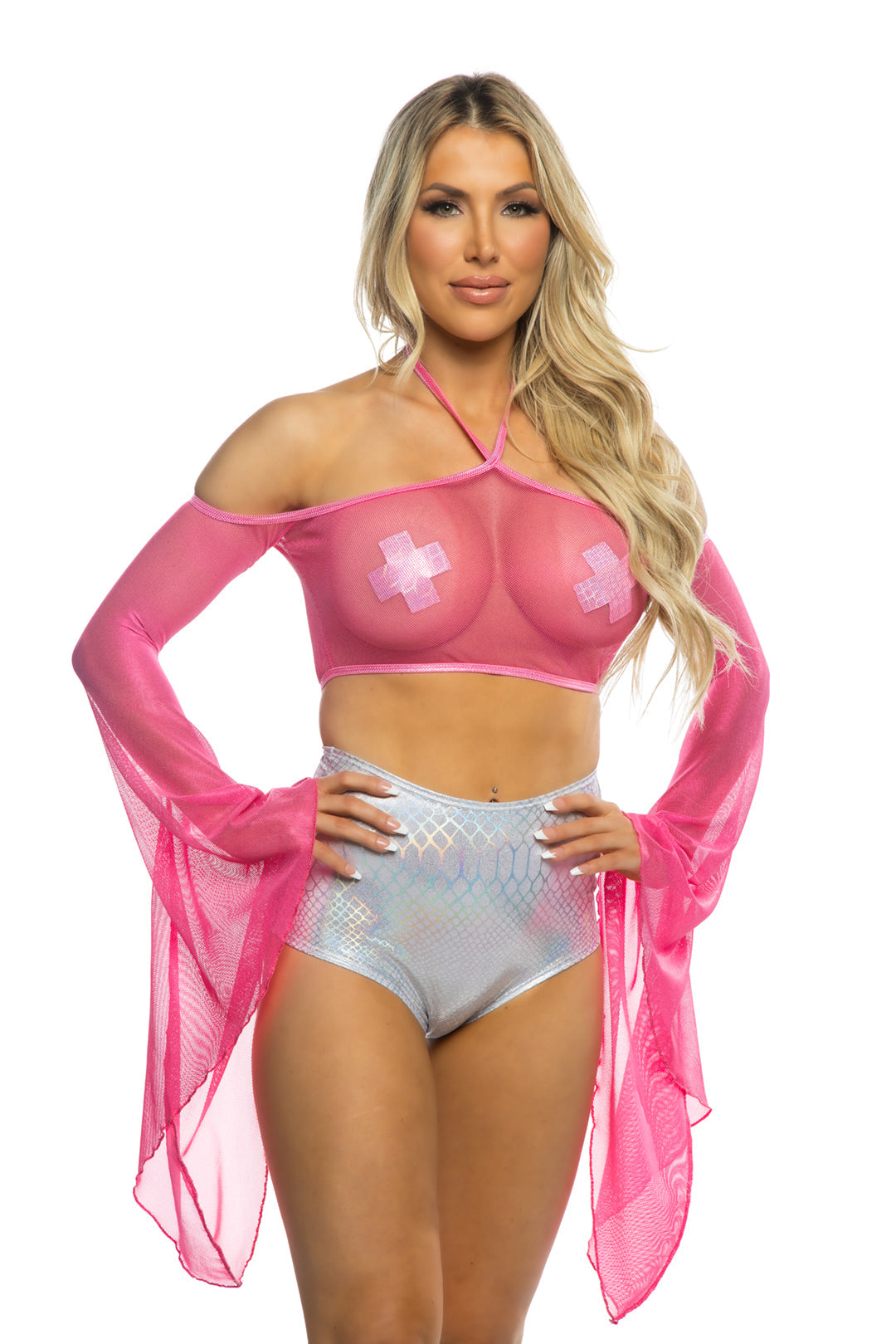 JR237 - Coated Fishnet Flair Sleeve Halter