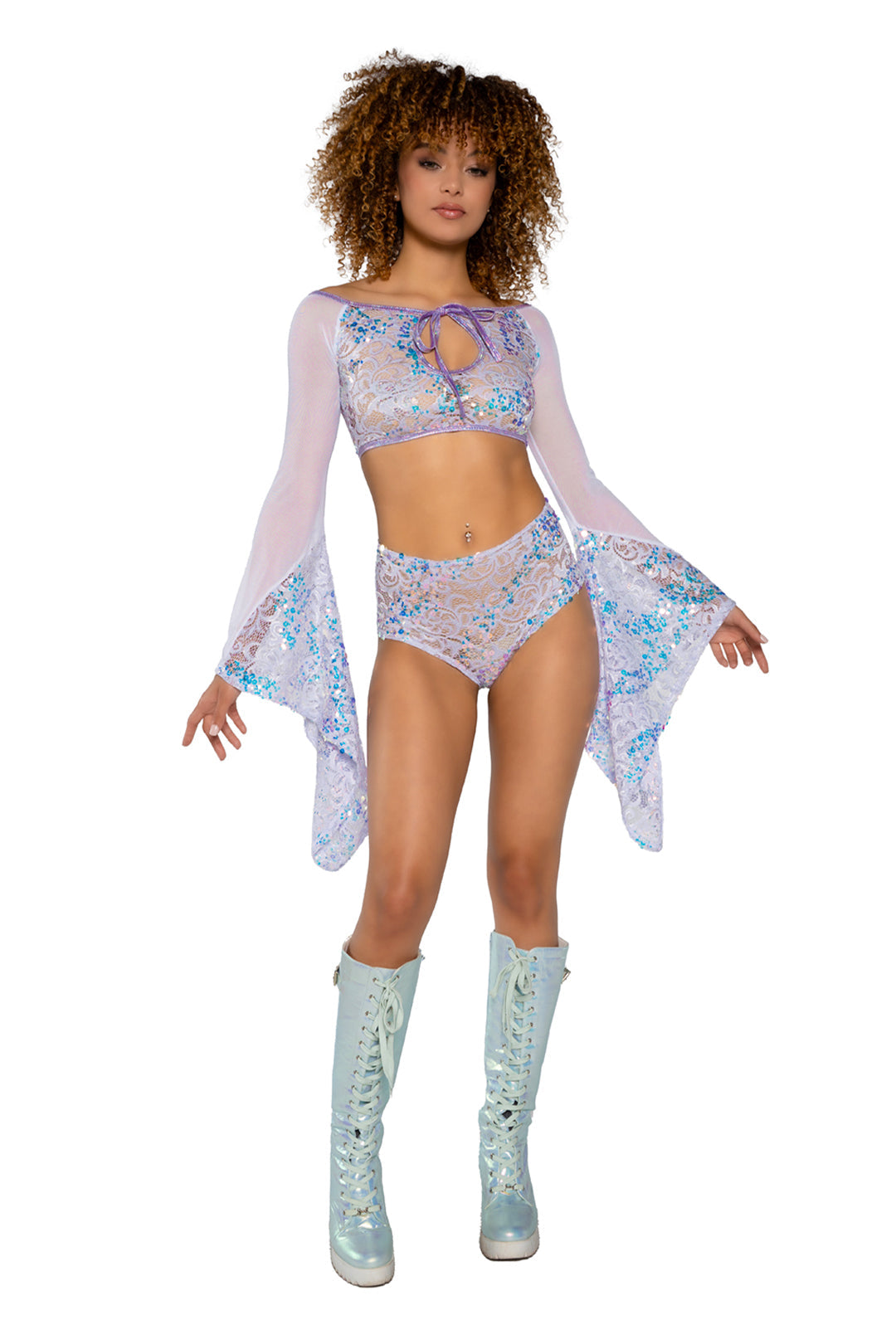 JR171 - Fishnet/Mesh Sequin Flair Sleeve Top